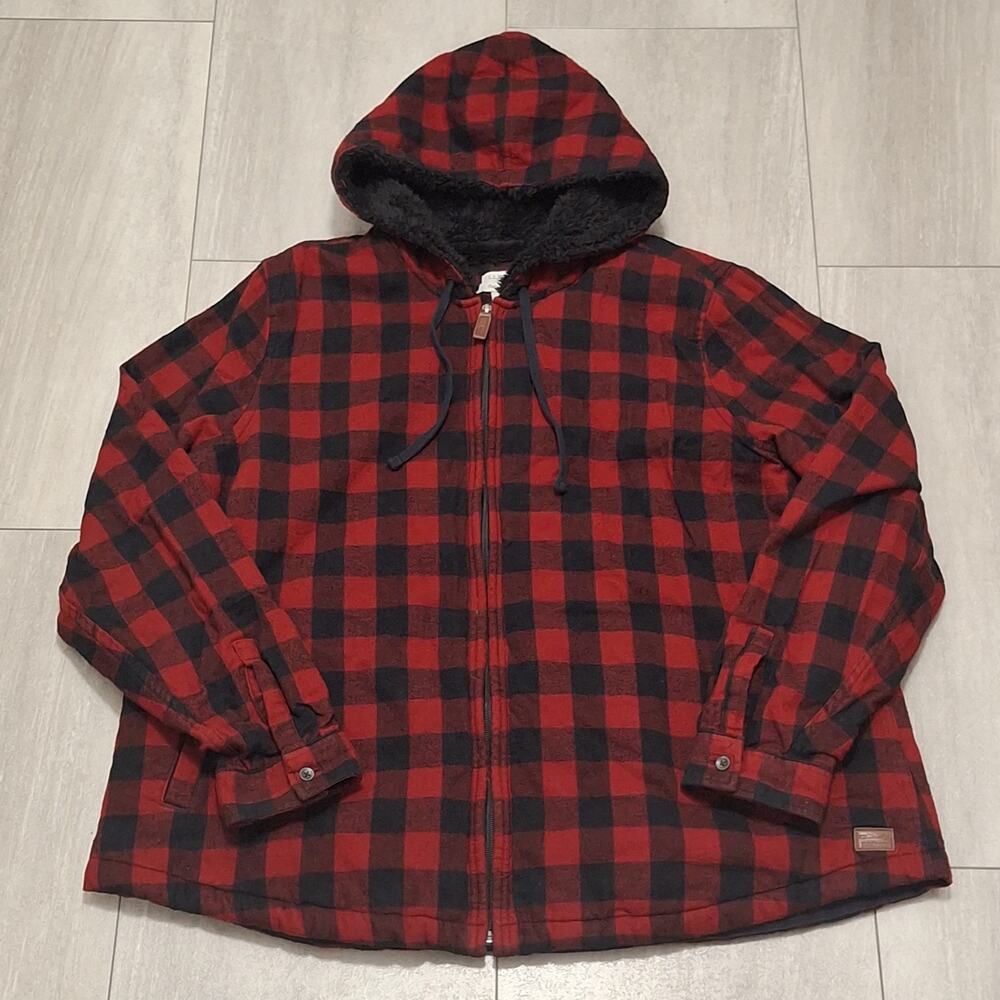 LL Bean Plaid Flannel Sherpa Lined Zip Hoodie Womens Size 1X Red Black Relaxed
